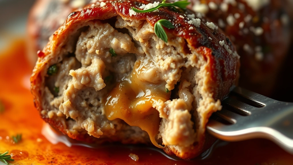 detail: cross-section of cooked pork meatball showing juicy tender interior with visible parmesan and herbs, fork resting nearby, shallow depth of field, warm lighting