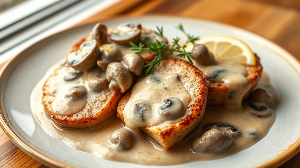 hero: plated pork medallions with creamy mushroom sauce, fresh thyme garnish, lemon zest, warm plate, golden seared crust, photorealistic, natural window light, no text, professional food photography