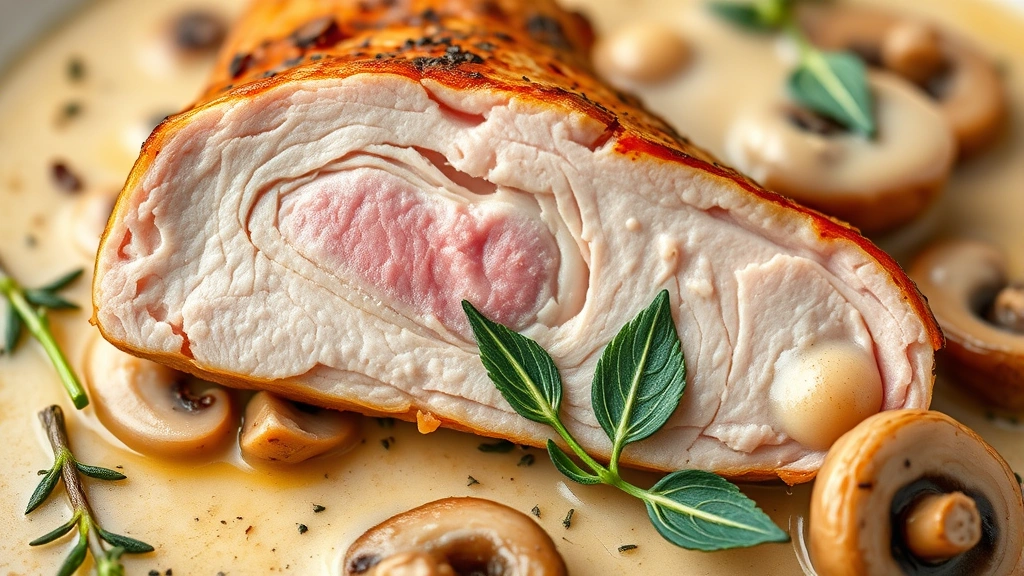 detail: close-up cross-section of pork medallion showing pink center and golden crust, creamy sauce with mushrooms, thyme leaves, photorealistic macro photography, natural light, no text
