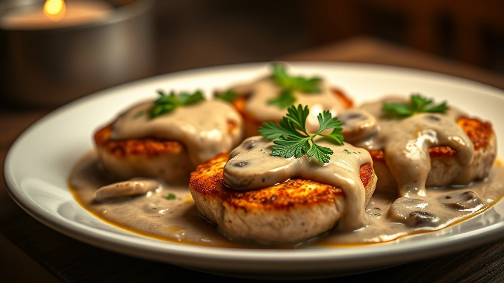 hero: plated pork medallions with creamy mushroom sauce, fresh parsley garnish, golden brown meat, warm ambient lighting, rustic white plate, shallow depth of field