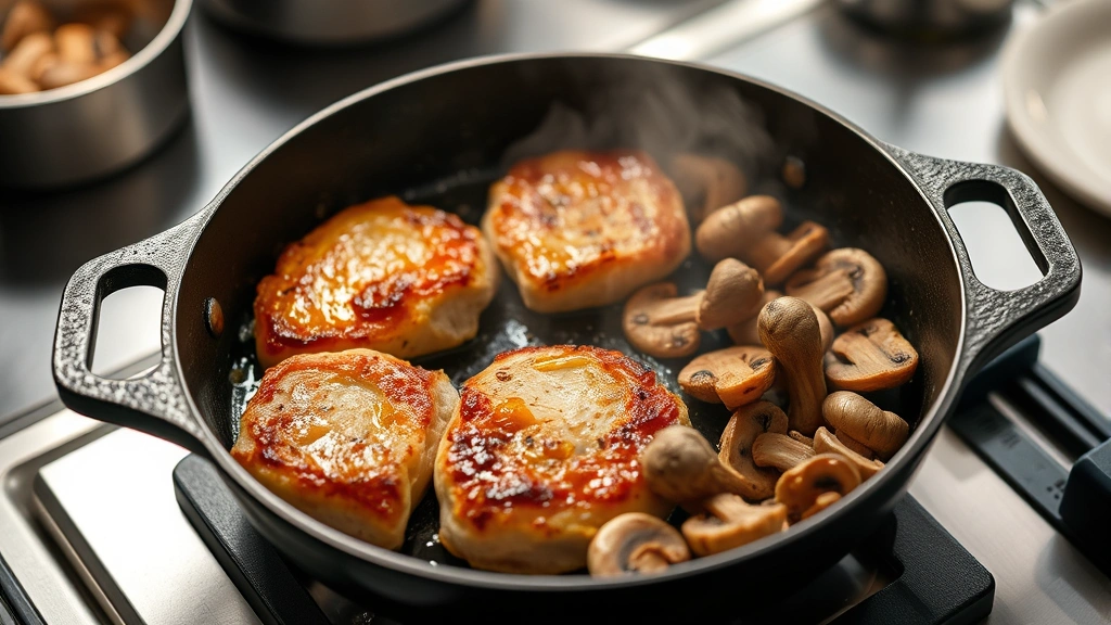 process: golden pork medallions sizzling in cast iron skillet, mushrooms cooking, steam rising, professional kitchen lighting, overhead angle