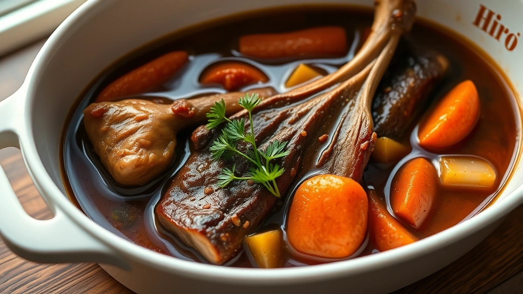 hero: braised pork neck bones in rich brown sauce with carrots and celery in a white serving dish, photorealistic, warm natural window light, no text