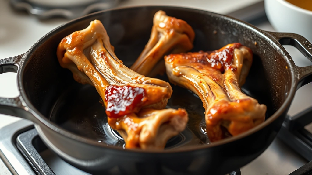 process: golden-brown pork neck bones searing in cast iron pot with oil sizzling, photorealistic, bright kitchen lighting, no text