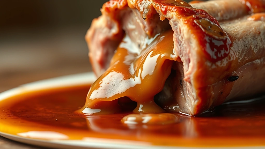 detail: close-up of tender meat falling off pork neck bone with glossy sauce, photorealistic, soft natural light, no text