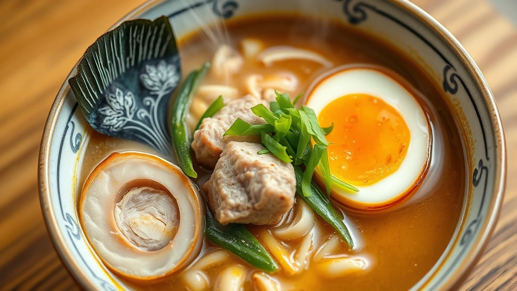 hero: steaming bowl of pork ramen with soft-boiled egg, green onions, nori, and bamboo shoots in rich golden broth, photorealistic, warm natural lighting, shot from above, no text