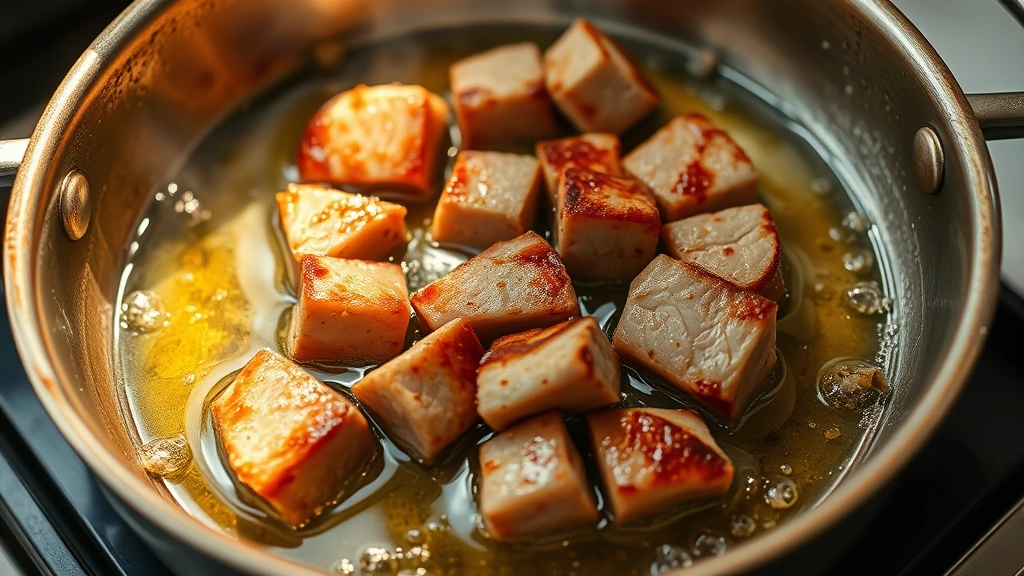 process: searing pork chunks in hot oil in a pot creating golden brown crust, photorealistic, natural kitchen lighting, no text
