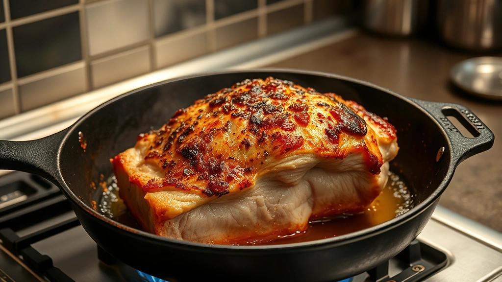 process: searing pork roast in cast iron skillet over flame, golden brown crust forming, olive oil sizzling, professional kitchen lighting, no text