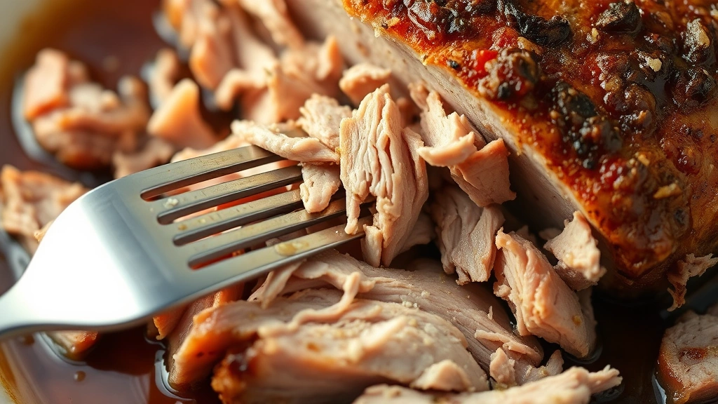 detail: close-up of fork shredding tender pork roast, meat falling apart easily, rich brown cooking liquid visible, macro photography, warm natural light, no text