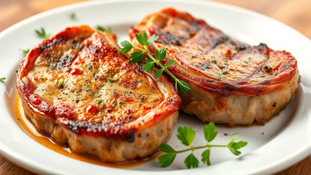 hero: perfectly seasoned pork chops with golden brown crust from pork rub, plated on white dish with fresh herbs garnish, photorealistic, natural daylight, professional food photography, no text
