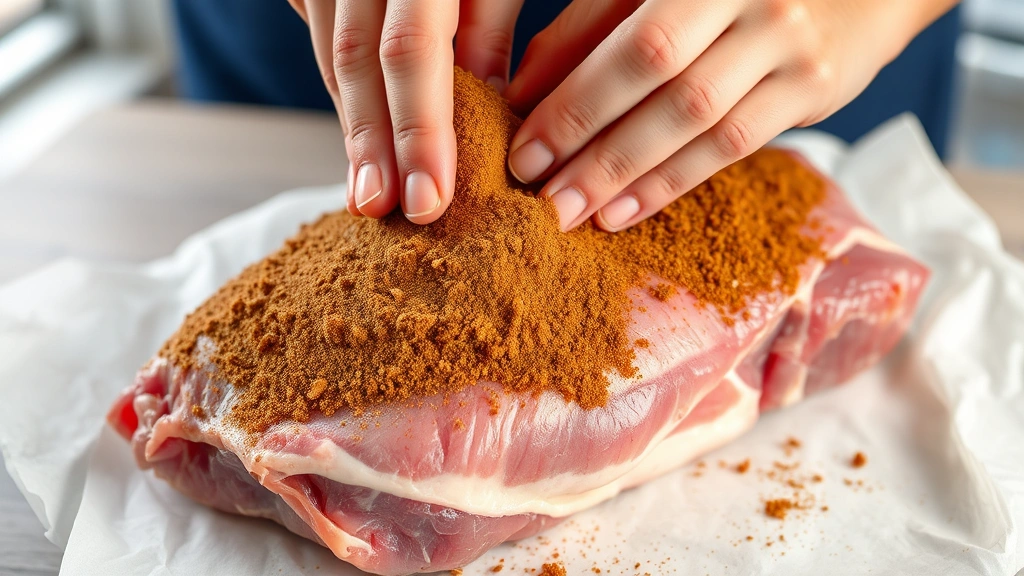 process: hands rubbing brown spice mixture onto raw pork shoulder, showing texture and application technique, photorealistic, natural window light, no text