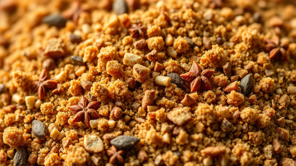 detail: close-up macro shot of pork rub spice blend showing individual spices and brown sugar crystals mixed together, photorealistic, bright natural light, shallow depth of field, no text