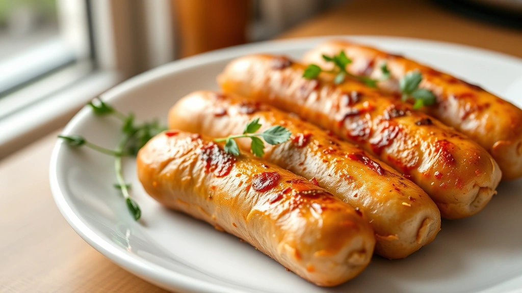 hero: cooked pork sausage links golden brown on white plate with fresh herbs garnish, photorealistic, natural morning light from window, no text