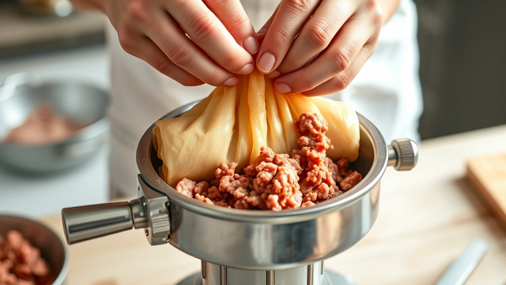 process: hands stuffing sausage casing on metal stuffer with ground pork mixture, photorealistic, bright kitchen lighting, no text