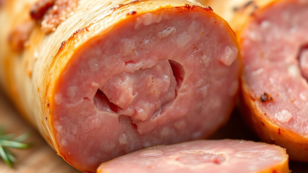detail: close-up cross-section of cooked pork sausage showing pink interior and golden crust, photorealistic, macro photography with natural light, no text