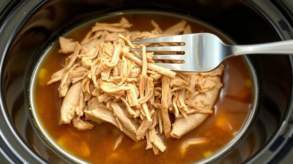 process: shredded pork shoulder in crock pot with cooking liquid, fork shredding meat, golden brown color, close kitchen lighting, no text