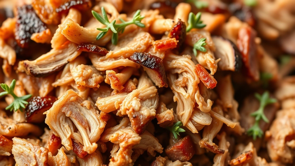 detail: close-up of pulled pork texture with crispy edges and moist interior, garnished with fresh thyme, natural daylight, shallow depth of field, no text