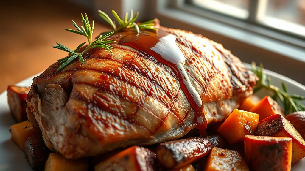 hero: perfectly roasted pork shoulder with golden crispy skin scored in crosshatch pattern, resting on white plate surrounded by roasted root vegetables, pan sauce drizzled on top, fresh rosemary garnish, warm golden hour lighting from window, shallow depth of field, food photography style
