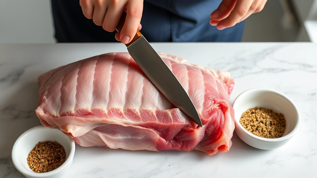 process: hands scoring raw pork shoulder skin with sharp knife in crosshatch pattern, seasoning mixture in small white bowl nearby, marble countertop, natural daylight, professional food photography, close enough to see texture of skin and knife detail