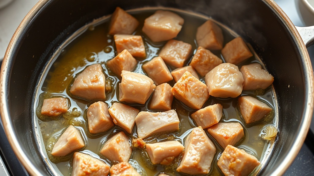process: browning pork chunks in hot oil in Dutch oven, golden crust forming, garlic and ginger aromatics visible, photorealistic, natural kitchen lighting, no text