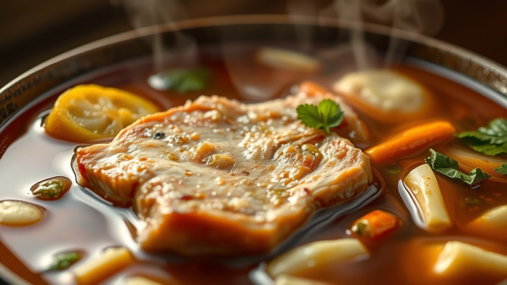detail: close-up of tender pork piece and vegetables in rich brown tamarind broth, steam rising, photorealistic, warm backlighting, no text