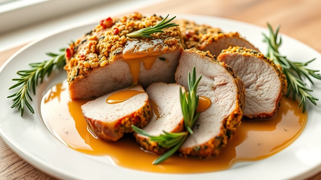 hero: beautifully sliced pork sirloin roast with golden herb crust on white plate, pan sauce drizzled over, fresh rosemary garnish, photorealistic, natural window light, no text, professional food photography