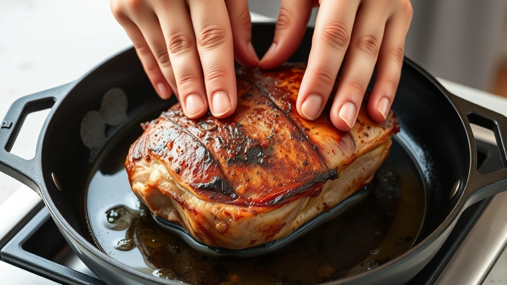 process: hands searing pork roast in cast iron skillet with olive oil, golden crust forming, photorealistic, natural light, no text