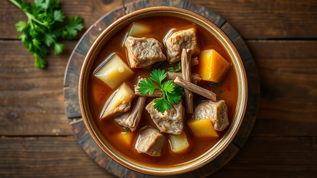 hero: bowl of pork stew with tender meat and vegetables in rich brown broth, garnished with fresh parsley, photorealistic, warm natural light from above, rustic wooden table background, no text