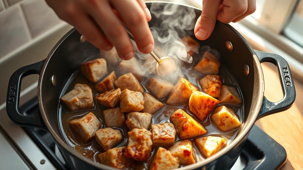 process: hands browning chunks of pork in a Dutch oven with oil, golden caramelized meat, cooking steam visible, photorealistic, natural window light, no text