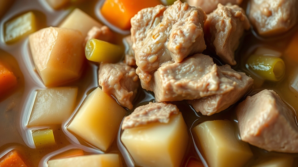 detail: close-up of tender pork stew showing chunks of pork, diced potatoes, carrots, and celery in glossy broth, photorealistic, shallow depth of field, natural light, no text
