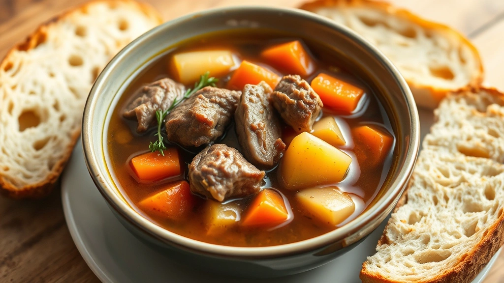 hero: steaming bowl of pork stew with tender meat, carrots, potatoes in rich brown broth, crusty bread on the side, photorealistic, natural warm lighting, no text