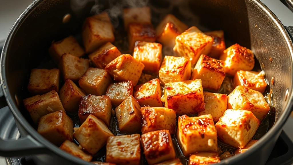 process: searing golden-brown pork cubes in Dutch oven with visible crust, steam rising, photorealistic, natural kitchen lighting, no text