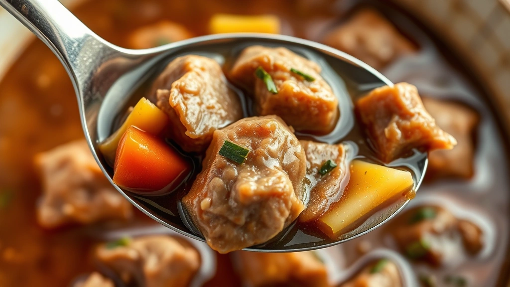 detail: close-up spoonful of pork stew showing tender meat, vegetables, and glossy broth, photorealistic, natural lighting, no text
