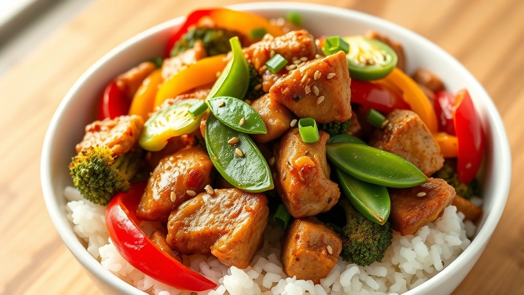 hero: completed pork stir fry with colorful bell peppers, broccoli, and snap peas served over steaming white rice in a white bowl, garnished with sesame seeds and green onions, photorealistic, warm natural light, no text