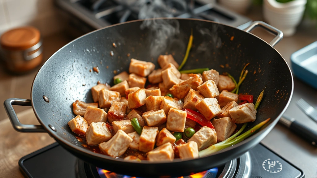 process: wok with sizzling pork pieces being stirred over high flame, vegetables and sauce being added, photorealistic, natural kitchen lighting, no text
