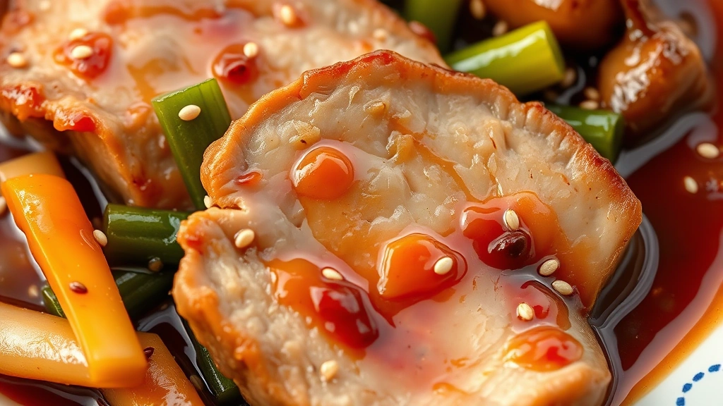detail: close-up of tender pork slices coated in glossy sauce with vegetables, sesame seeds visible, photorealistic, natural light, no text