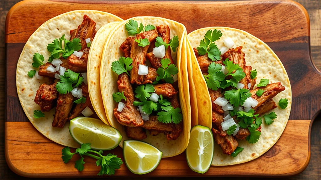 hero: warm pork tacos with fresh cilantro, diced onion, lime wedges on a rustic wooden board, photorealistic, natural warm lighting, no text, overhead angle