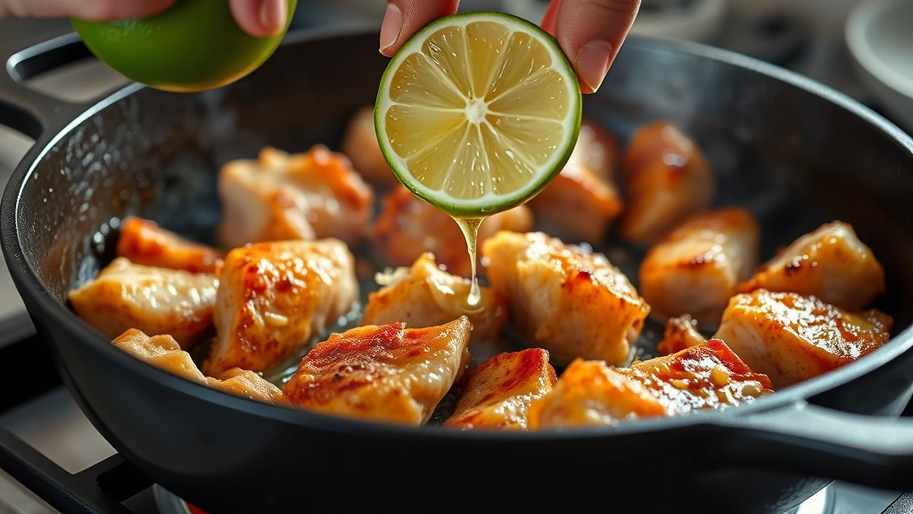 process: golden-brown pork pieces sizzling in cast iron skillet with lime juice being squeezed over, photorealistic, natural kitchen lighting, no text, side angle