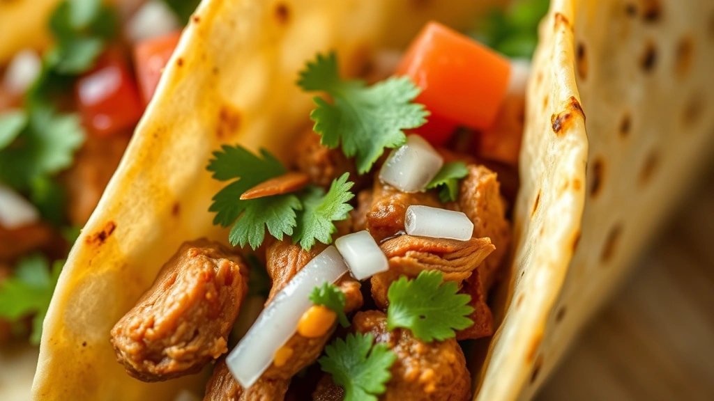 detail: close-up of perfectly assembled pork taco with visible pork pieces, fresh cilantro, white onion, and salsa, photorealistic, natural soft lighting, no text, macro angle