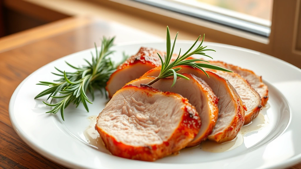 hero: sliced pork tenderloin with golden-brown crust on white plate with fresh rosemary garnish, photorealistic, natural window light, no text, restaurant plating