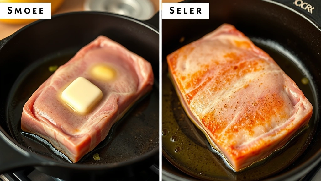 process: raw pork tenderloin being seared in cast iron skillet with butter, golden crust forming, photorealistic, warm kitchen lighting, no text
