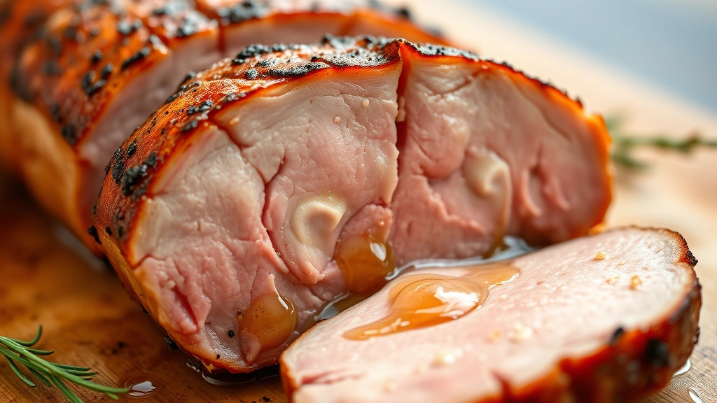 detail: close-up cross-section of perfectly cooked pink pork tenderloin slice showing juices, photorealistic, shallow depth of field, natural light, no text