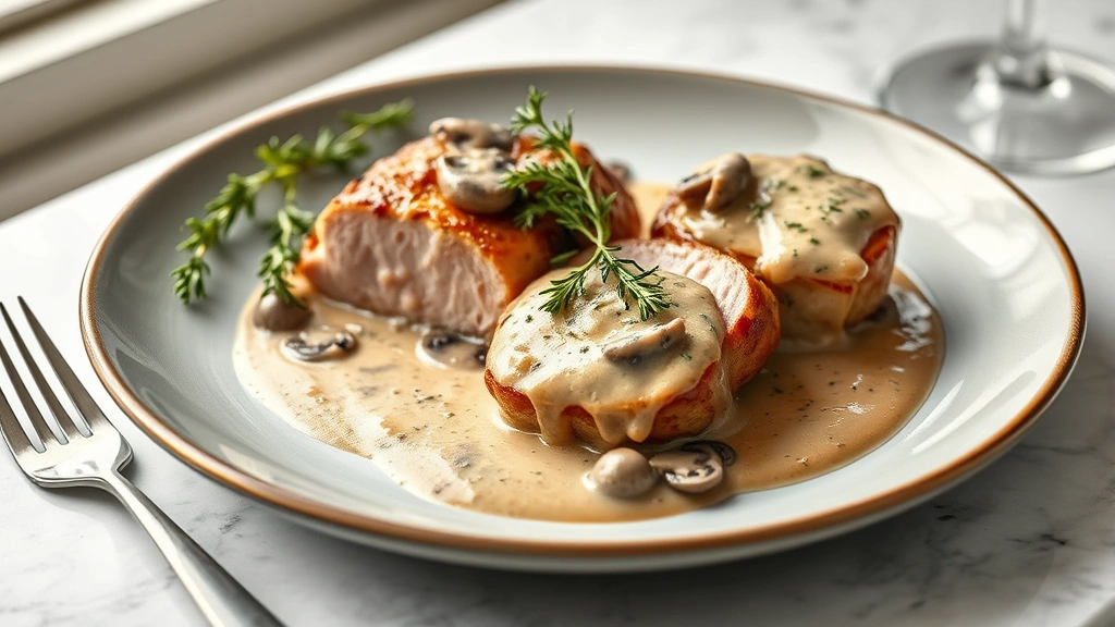 hero: plated pork tenderloin medallions with creamy mushroom sauce, fresh thyme garnish, elegant dinner plate, photorealistic, natural window light, no text