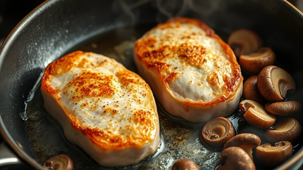process: pork medallions searing in skillet with golden crust, mushrooms cooking alongside, steam rising, photorealistic, natural light, no text