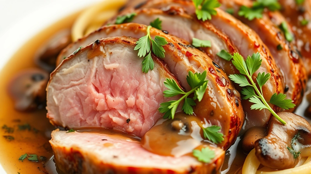 detail: close-up of sliced pork medallion showing juicy pink interior, mushroom sauce coating, fresh herb garnish, photorealistic, natural light, no text