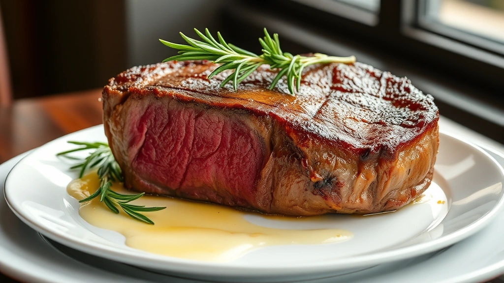 hero: beautifully plated porterhouse steak with perfect medium-rare interior, golden crust, fresh rosemary and thyme garnish, served on elegant white plate with soft butter pooling around it, photorealistic, natural window lighting, no text, professional steakhouse style