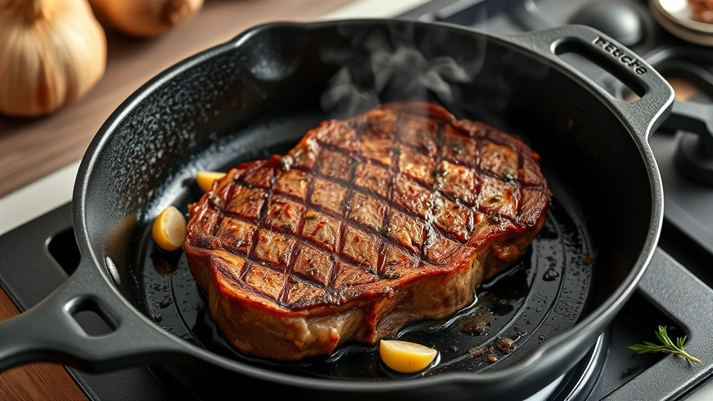 process: cast iron skillet sizzling with porterhouse steak being seared, visible steam rising, golden crust forming on meat surface, garlic cloves and fresh herbs visible, photorealistic, natural kitchen lighting, no text