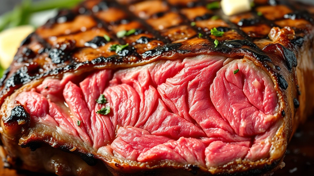 detail: close-up cross-section of perfectly cooked porterhouse steak showing beautiful medium-rare pink interior contrasting with dark caramelized crust, meat texture and marbling clearly visible, butter and herbs glistening on surface, photorealistic macro photography, natural lighting, no text