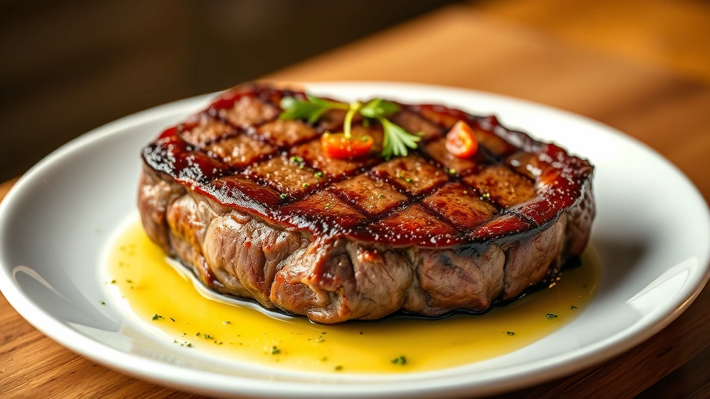 hero: beautifully seared porterhouse steak on white plate with herb butter pooling around it, warm golden lighting, shallow depth of field, professional steakhouse plating