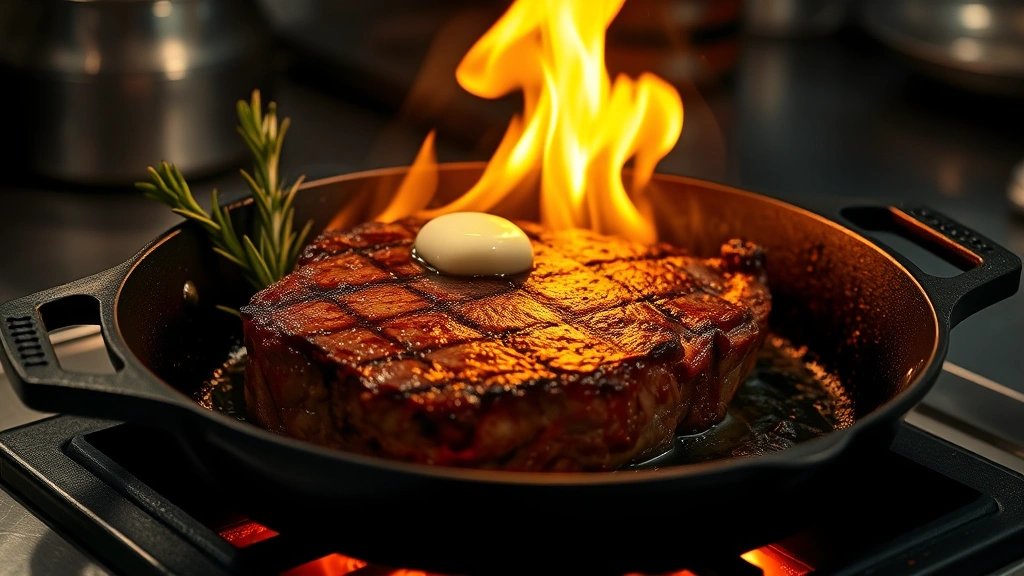 process: sizzling porterhouse steak in cast iron skillet with butter basting and rosemary sprigs, dramatic high heat flames visible, moody professional kitchen lighting