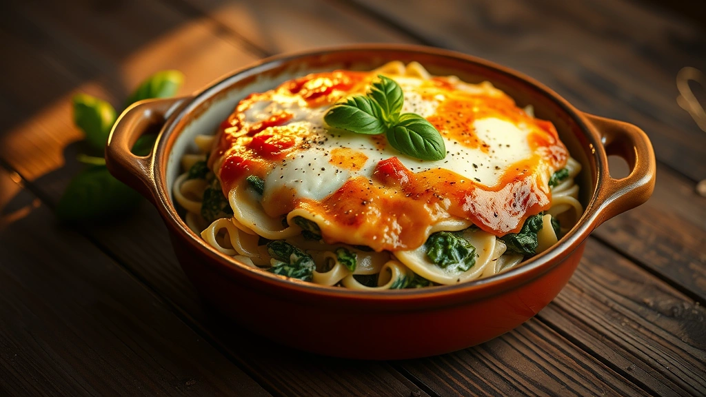 hero: bubbling baked pasta with spinach and ricotta in ceramic dish, golden melted mozzarella on top, fresh basil garnish, warm golden hour light streaming from left, shallow depth of field, no text, rustic wooden table surface